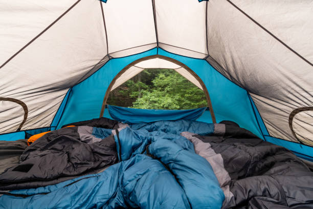 istock Wide Angle Interior View of a Small Dome Tent with Sleeping Bags in Summer 1277574821