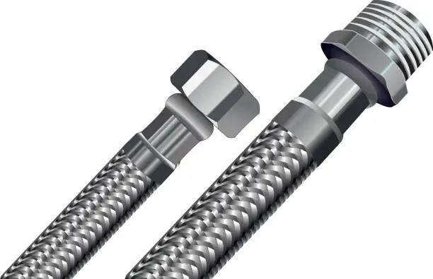 Vector illustration of Hoses for water in a metal braid. Vector image on a white background.