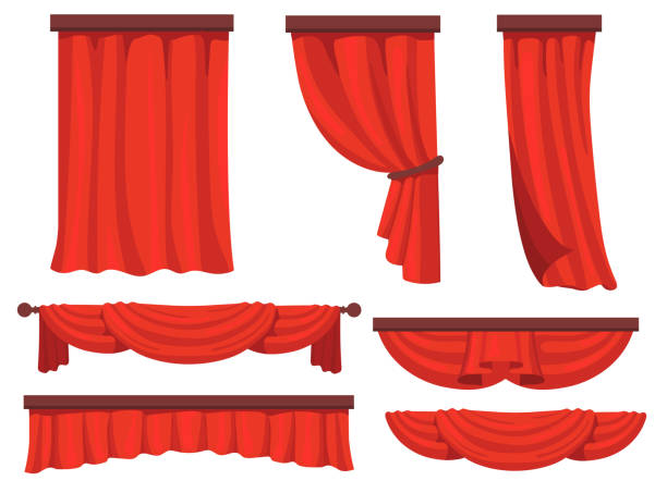 Stage red curtains flat set for web design Stage red curtains flat set for web design. Cartoon fabric for background drapery in movie or opera vector illustration collection. Window drapery and decoration concept curtain stock illustrations