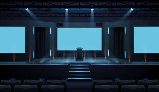 ilustraciones, imágenes clip art, dibujos animados e iconos de stock de salón de conferencias de negocios con plantilla de pantalla - escenario