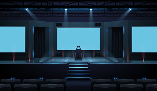 Hall of business conference with screen template in vector