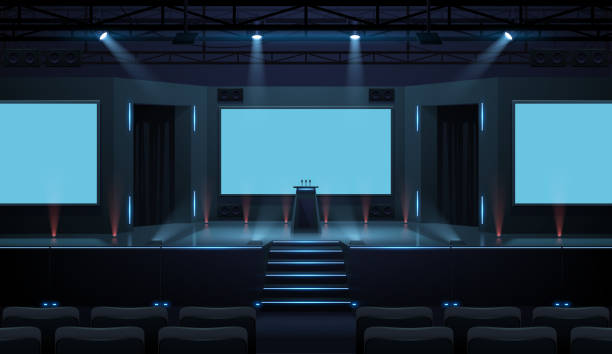 Hall of business conference with screen template Hall of business conference with screen template in vector empty conference room background stock illustrations