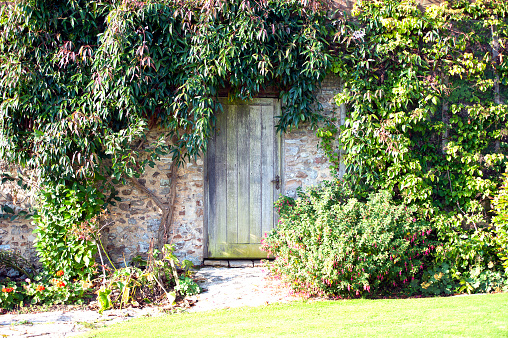 'Secret garden' entrance architectural details of a typical English country home, Honiton, Devon, England. 16th Century medieval stone walls details and carving, together with plaster moldings and caricatures typify most old English historical country estates and homes that enrich the British rural  countryside