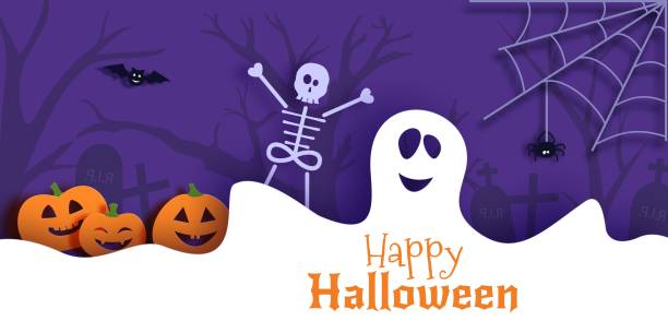 ilustraciones, imágenes clip art, dibujos animados e iconos de stock de ilustración de tarjeta vectorial de halloween en estilo de corte de papel - halloween