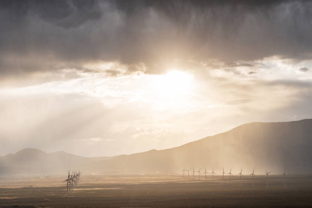 This is a wide angle of back-lit windmills in a Nevada desert landscape with clouds, sun and dust on a windy summer day.