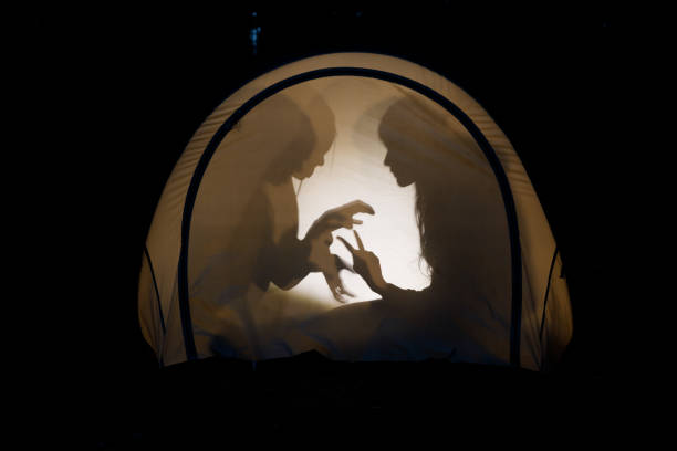 istock Children making shadow puppets in a camping tent at night 1277579211