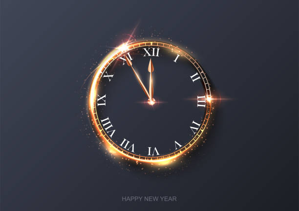 frohe neue jahr uhr countdown hintergrund. goldlicht glänzt mit funkelnden abstrakten feier um mitternacht. festliche glühende zeit karte vektor-illustration. frohes urlaubsdesign - gold watch stock-grafiken, -clipart, -cartoons und -symbole