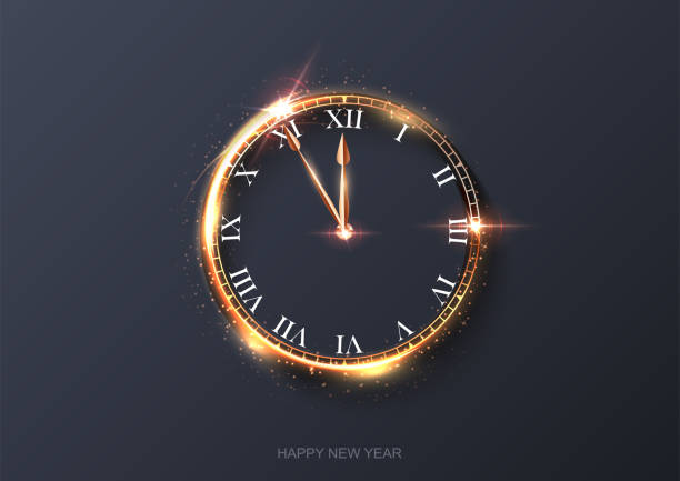 Happy new year clock countdown background. Gold light shining with sparkles abstract celebration at midnight. Festive glowing time card vector illustration. Merry holiday design Happy new year clock countdown background. Gold light shining with sparkles abstract celebration at midnight. Festive glowing time card vector illustration. Merry holiday design. clock borders stock illustrations