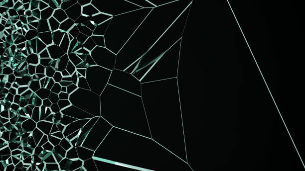 Green broken glass texture with cracks on black background.