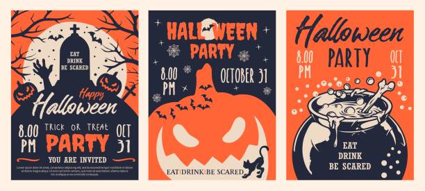 Halloween party vintage brochures Halloween party vintage brochures with zombie hand scary pumkins tombstone on hill witch cauldron with magic potion and bone vector illustration cauldron stock illustrations