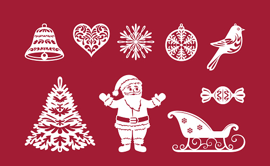 Christmas or New Year set of decorations. Laser cutting templates. Vector winter holiday illustrations. Christmas tree, ball, snowflake, bell, heart, bird, candy, santa claus and sleigh.