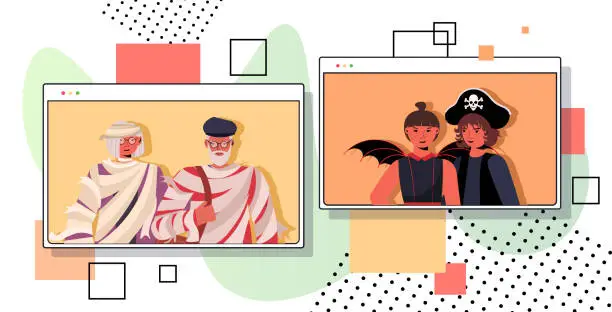 Vector illustration of happy halloween holiday celebration concept children in costumes discussing with grandparents during video call