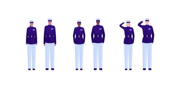 ilustrações de stock, clip art, desenhos animados e ícones de army patriotism concept. military and police character in mess uniform. vector flat people illustration. man and woman diverse human group. attention, salute pose. design for banner, web, infographic - navy officer armed forces saluting