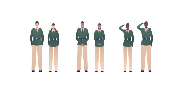 Army patriotism concept. Military infantry officer character in uniform. Vector flat people illustration. Man and woman diverse caucasian, african, hispanic group isolated on white background Army patriotism concept. Military infantry officer character in uniform. Vector flat people illustration. Man and woman diverse caucasian, african, hispanic group isolated on white background military illustrations stock illustrations