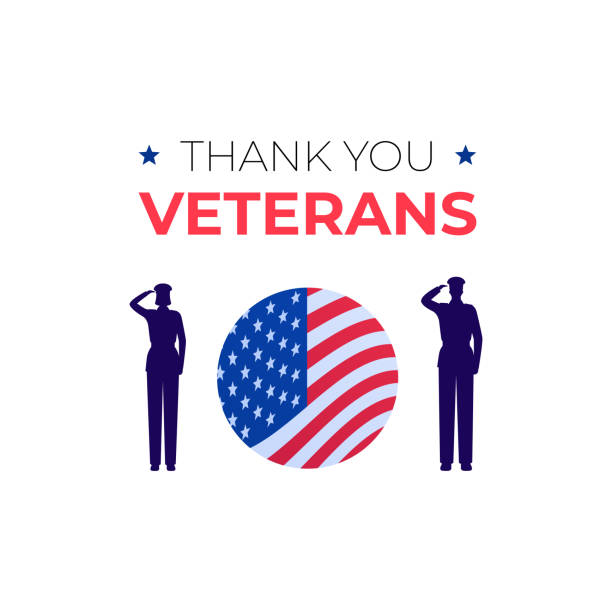 ilustrações de stock, clip art, desenhos animados e ícones de veteran day holiday banner template. vector flat illustration. "thank you veterans" text on white background. man and woman soldier silhouette salute. american flag sign in circle frame. - armed forces us veterans day military saluting