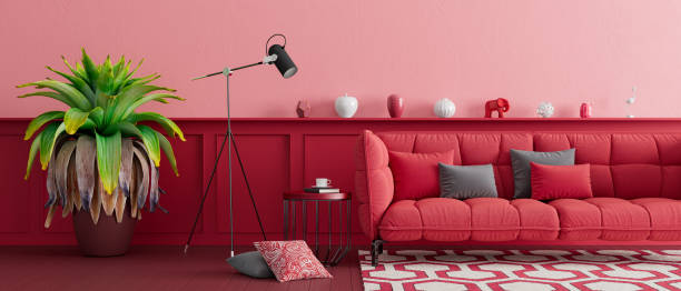 istock Modern living room interior design with stylish red wall panel and pink wall 3D render 1277595303
