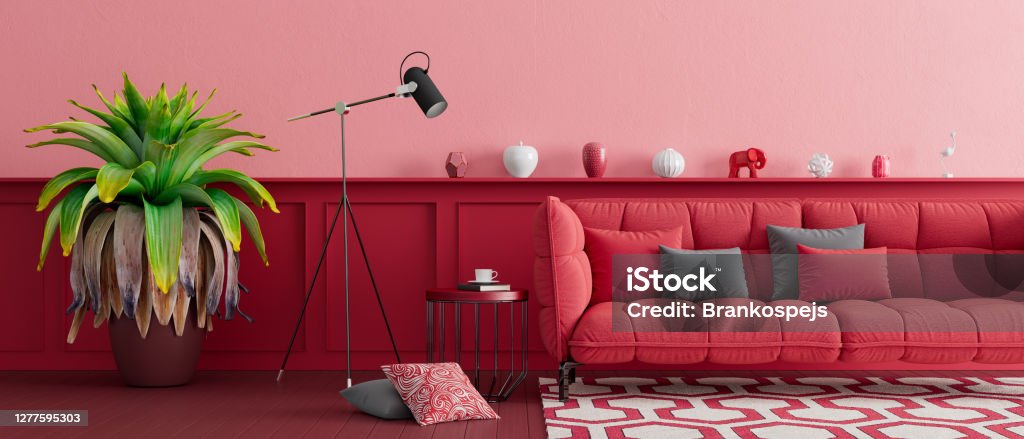 Modern living room interior design with stylish red wall panel and pink wall 3D render Modern living room interior design with stylish red wall panel and pink wall 3D render 3D illustration Red Stock Photo