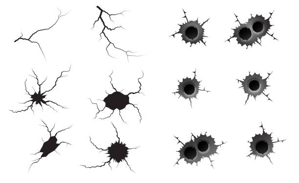 illustrations, cliparts, dessins animés et icônes de trou de balle et fissures de sol ensemble. trou de balle simple et double en métal, effet de dégâts. tremblement de terre et fissures du sol, craquelure et texture du mur endommagé. pour les sujets tremblement de terre, crash, destruction. - sport clipping path handgun pistol