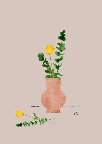 istock Green eucalyptus leaves and yellow flower in pink vase still life 1277597775
