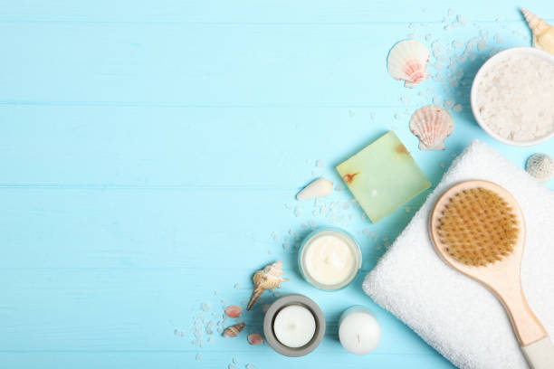 istock Beautiful spa composition on a table top view with place for text. 1277598960
