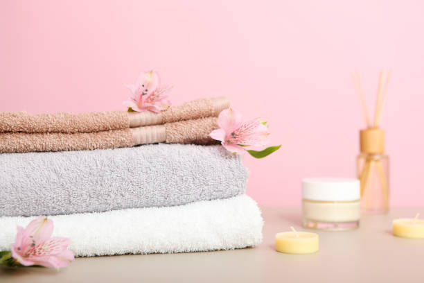 istock a stack of fresh towels on the table. 1277599137