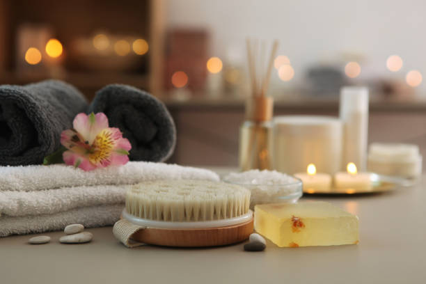 istock Beautiful spa composition on a table in a health center. 1277600358