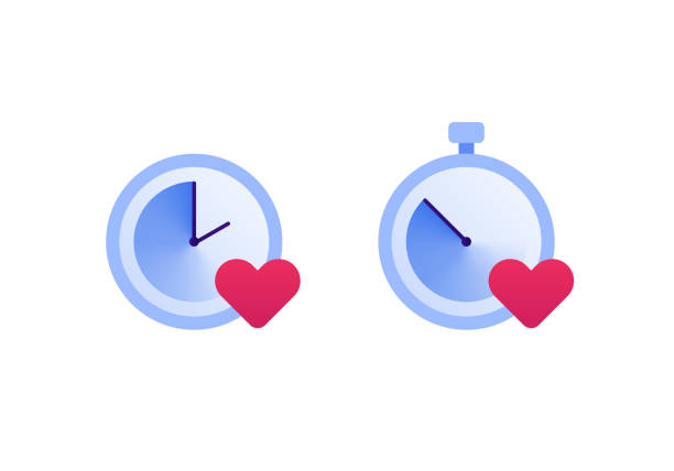 Falling in love, relationship and speed dating concept. Vector flat icon illustration set. Couple of clock sign with heart love symbol. Design element for banner, web, app. Falling in love, relationship and speed dating concept. Vector flat icon illustration set. Couple of clock sign with heart love symbol. Design element for banner, web, app. blind date stock illustrations