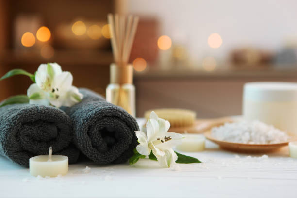 istock Beautiful spa composition on a table in a health center. 1277600749