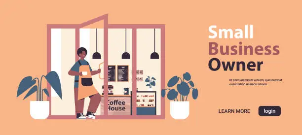 Vector illustration of male barista in uniform working in modern coffee house waiter in apron holding door small business owner