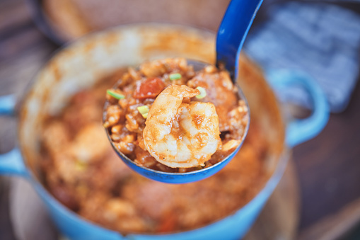 Comfort Food Cajun Style Chicken, Shrimp and Sausage Jambalaya in a Cast Iron Pot
