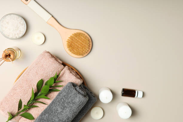 istock Beautiful spa composition on a table top view with place for text. 1277601574