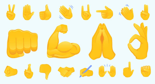 ilustraciones, imágenes clip art, dibujos animados e iconos de stock de gesto de la mano emojis colección de iconos. apretón de manos, bíceps, aplausos, pulgar, paz, roca en, ok, carpeta manos gesturing. conjunto de diferentes manos de emoticono ilustración vectorial aislada. - waving arms