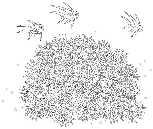 Vector illustration of Small cheerful fishes over a sun anemone