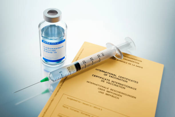 Syringe, vial and international certificate of vaccination Vaccine concept with syringe, vial and yellow international certificate of vaccination - 3D illustration immunization certificate photos stock pictures, royalty-free photos & images