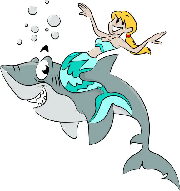 Vector illustration of Cartoon mermaid sitting on the back of a shark enjoying the ride vector illustration