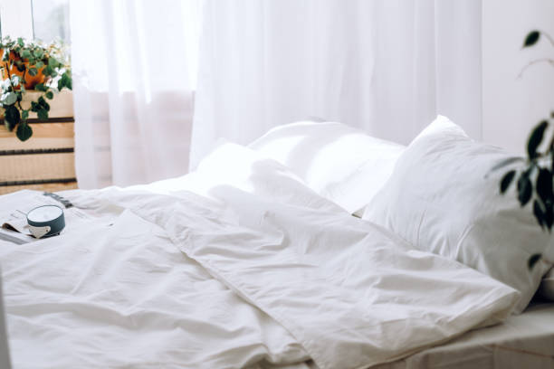 istock Comfortable bed with soft pillows and green plant in bedroom interior. 1277605768