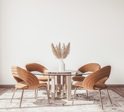 Interior design of modern Scandinavian apartment, dining room in neutral colors, 3D rendering