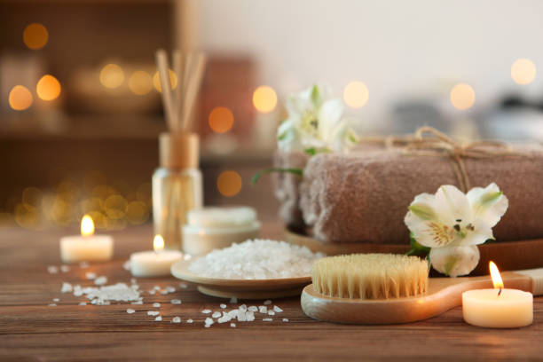 istock Beautiful spa composition on a table in a health center. 1277609150
