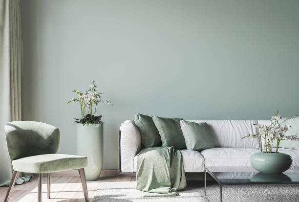 living room interior mock up, modern furniture and trendy home accessories, on colored background. stock poto - moderno imagens e fotografias de stock