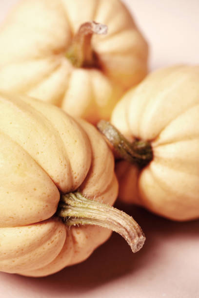 Yellow acorn squashes close-up on the beige textured table, organic food concept