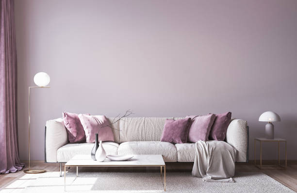 istock Modern sofa on light pink wall background with trendy home accessories, home decor interior, luxury living room. Stock photo 1277610405