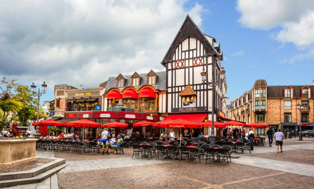 French cafe and bar outside dining in Saint Quentin, Aisne, France stock photo