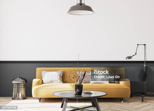 Modern Yellow Sofa In Trendy Design Stylish Grey Living Room With Wooden Black Coffee Table Retro Floor And Ceiling Lighting Stock Photo - Download Image Now
