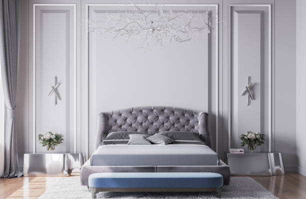 istock Bedroom mock up, luxury interior design template. Grey wall mockups with large bed and modern silver side tables. Stock photo 1277615000