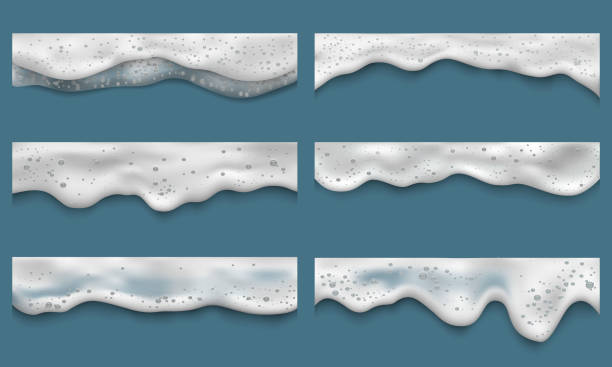 ilustrações de stock, clip art, desenhos animados e ícones de water foam. clean washing liquids bath laundry drops splashes on seaside top view vector realistic templates - soap sud