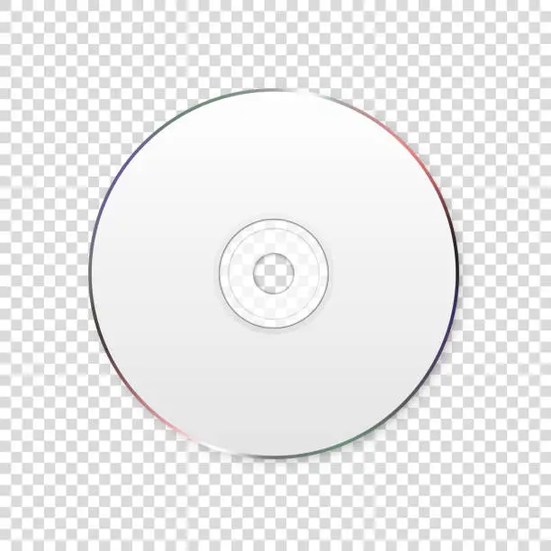 Vector illustration of Vector 3d Realistic White CD, DVD Closeup Isolated on Transparent Background. Design Template for Mockup, Copy Space. Top View
