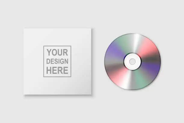 Vector illustration of Vector 3d Realistic Closed CD, DVD with Paper Cover Box Set Closeup Isolated on White Background. Design Template for Mockup. CD Packaging Copy Space. Top View