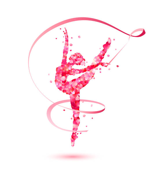 Rhythmic gymnastics girl with ribbon of pink rose petals Rhythmic gymnastics girl with ribbon. Vector silhouette of pink rose petals gymnastics stock illustrations