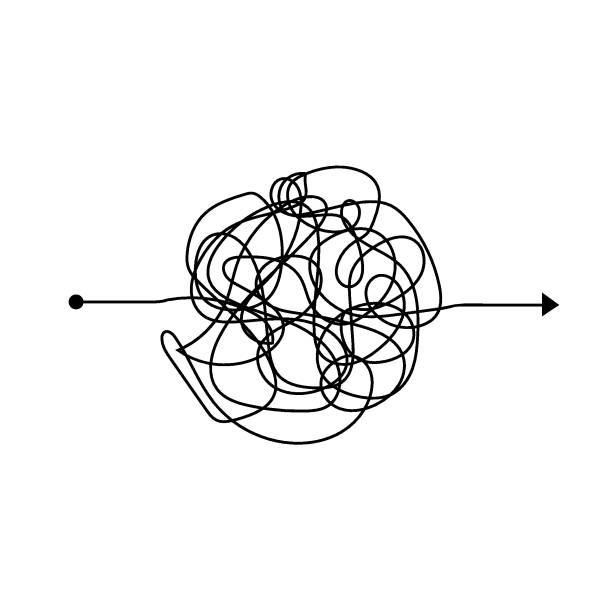 Complicated clew way. Tangled scribble vector path. Chaotic difficult process way. Vector illustration. easy black and white drawing stock illustrations