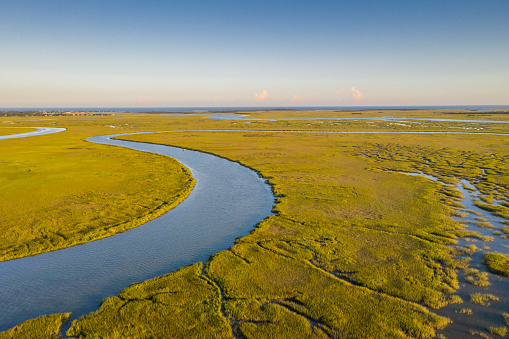 Aerial view of the marshlands between Savannah and Tybee Island. Marshes in Georgia have been identified as one of the most extensive and productive marshland systems in the United States.